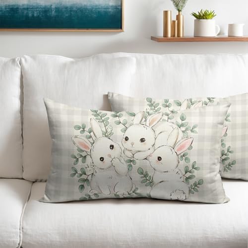 Easter Pillow Covers 12x20 Set of 2 Cute Bunny Rabbit Throw Pillow Covers Rustic Spring Pillowcase Linen Decoration Farmhouse Soft Decorative Plaid Cushion Case Couch for Indoor Outdoor Home Decor - Image 2