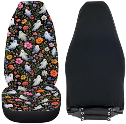 Talayituse Daisy Floral Ghost Print Car Seat Cover for Front Seats, Stretchy Soft Vehicles Seat Cover Universal Fit High Back Car Interior Accessories for SUV Van Sedan Halloween Decor