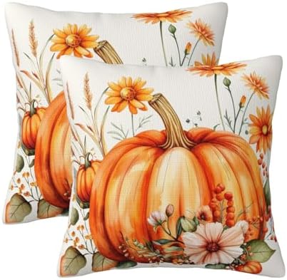 KiuLoam Fall Orange Pumpkin Pillow Covers 24x24 Inch Set of 2, Floral Autumn Thanksgiving Print Decorative Throw Pillows, Rustic Farmhouse Outdoor Cushion Covers for Living Room Sofa Couch Bedroom by KiuLoam