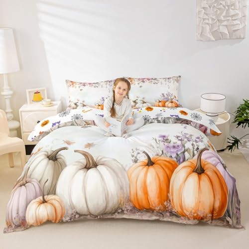 Erosebridal Happy Thanksgiving Bedding Set Twin Size,Fall Pumpkin Harvest Comforter Cover for Kids Teen Adult, Maple Autumn Leaves Duvet Cover Rustic Farmhouse Quilt Cover Country Bedroom Decor by Erosebridal