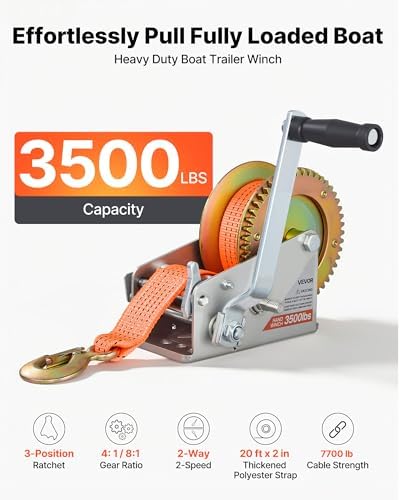 VEVOR Boat Winch, 3500 lbs Hand Winch, Heavy Duty Manual Rope Crank with 20ft Orange Polyester Strap, Portable Two-Way Ratchet, 2 Speed Switchable, Anti-Slip Handle Gear for Boat Trailer ATV Towing - Image 2