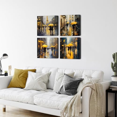 Abstract Wall Art Modern Rain Canvas Prints Decor Girls Umbrella Walking in Street Figure Artwork for Living Room Yellow Dusk Paris Landscape Pictures Couple Bedroom Bathroom Home Decoration 20x20" 4P - Image 3