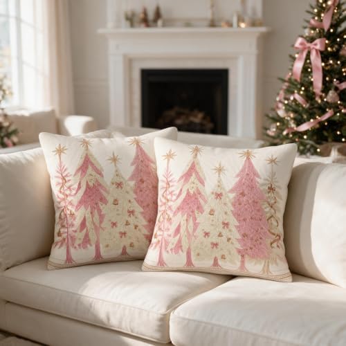 Pink Christmas Pillow Covers 24x24 Set of 2, Rose Gold Xmas Tree Print - Image 2