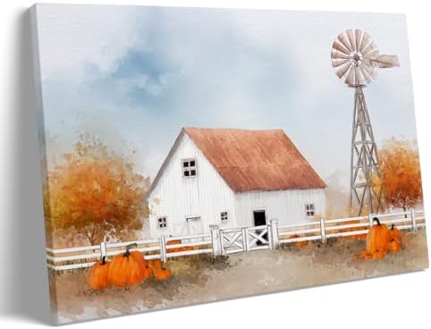 White Barn with Pumpkins Wall Art – Autumn Farmhouse Landscape Poster,Rustic Fall Windmill Canvas Print for Entryway or Thanksgiving Dining Room Decor 24x36in Large Frame wall art by Unknown