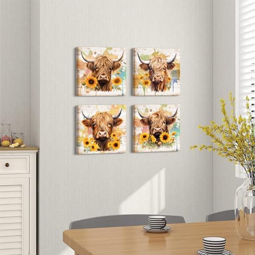 Highland Cow Wall Art Rustic Farmhouse Sunflower Canvas Pictures for Bathroom Kitchen Decor Watercolor Farm Animal Cattle Prints Painting Modern Artwork Bedroom Living Room Home Decorations 12x12” 4 - Image 2