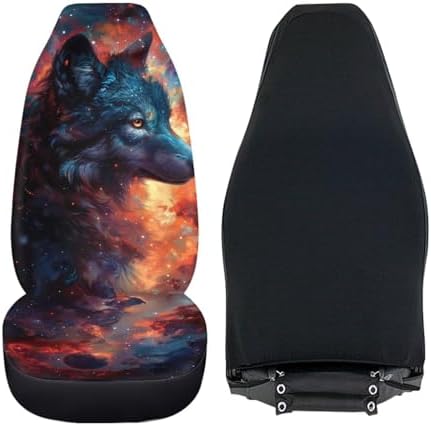 Galaxy Wolf Print Car Seat Covers Full Set of 2 Automobile Front Seat Covers Vehicle Accessories Cushion Pad Mat for SUV Trucks Chairs Vans Auto