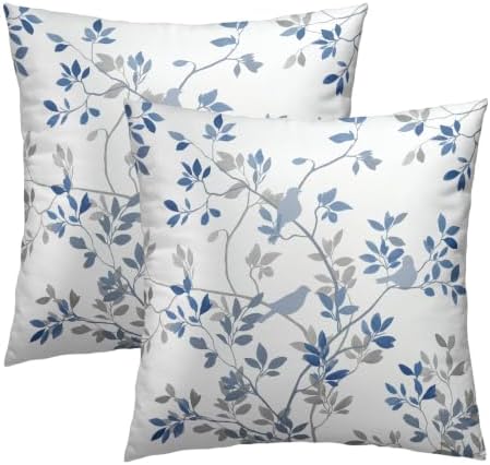 Sweetshow Blue Grey Leaf Branch Jacquard Throw Pillow Covers 20x20 Inch Set of 2 Bird and Leaf Decorative Pillowcase Square Cushion Covers for Home Couch Sofa Patio Bedroom by Sweetshow
