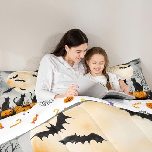 Happy Halloween Comforter Set Moon Pumpkin Cats Comforter Queen Size Cartoon Cat Bat Animal Rustic Bedding Set for Kids Adult Bedroom Decor Fashion White Black Quilt Duvet,3 Pcs with 2 Pillowcase - Image 3