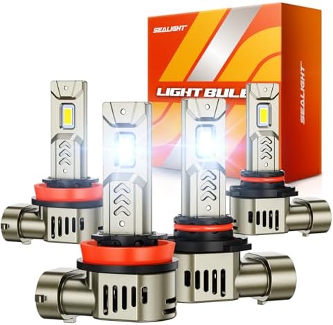 SEALIGHT 9005/HB3 H11/H9/H8 LED Bulbs Combo, 140,000LM 15X Brighter than Original Bulb, 6500K Daylight White, 25000RPM Cooling Fan Light Bulbs with 70000Hrs Lifespan, Pack of 4