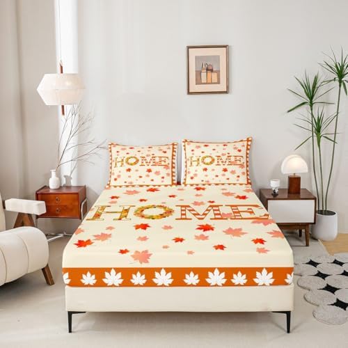 Maple Leaf Pumpkin Wreath Twin Thanksgiving Bedroom Decor Set - Sheets, Rustic Farmhouse Bedding, Fitted Sheet, Orange Flat Sheet, Pillow Case - Image 4