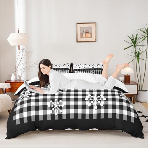 Merry Christmas Kids Duvet Cover Set Twin Size,Christmas Trees Snowflake Xmas Bedding Set,Girls Boys Adults Room Decor,Geometric Grids Dots Comforter Cover,Black White Chic Quilt Cover,1 Pillowcase - Image 2