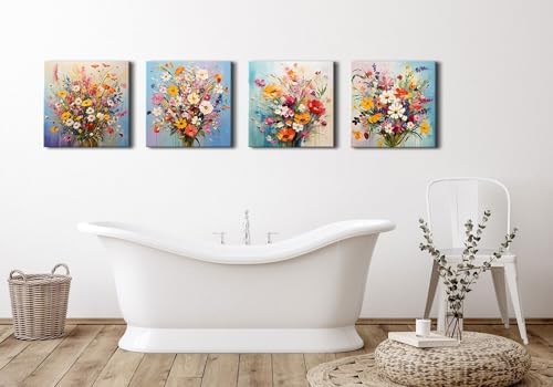 Modern Framed Colorful Wildflower Canvas Wall Art for Living Room Wild Flower Pictures Girls Bedroom Bathroom Decor Floral Prints Watercolors Pinting Bedroom Dinner Room Home Decorations 20x20”4 Pcs - Image 5