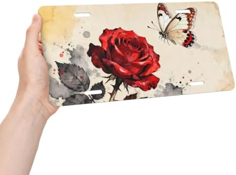 Red Rose Watercolor Butterfly Cool Front License Plate 6x12 Inch