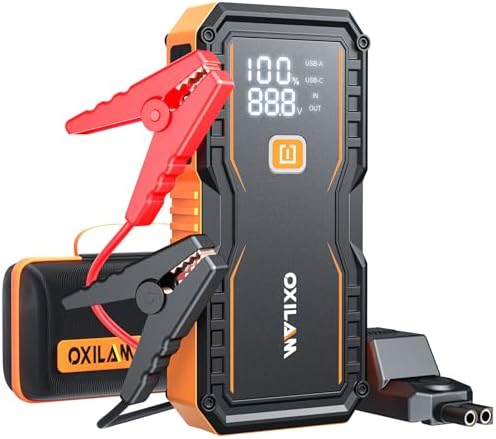 OXILAM Jump Starter 6000A for All Gas/12L Diesel, Car Battery Jumper Starter Portable, 12V Lithium Jump Box with Jumper Cables, LED Display, LED Light, Power Bank with USB, Type C Port by OXILAMDIRECT