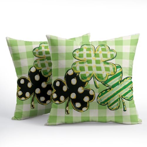 St Patricks Day Pillow Covers 20x20 Set of 2 Shamrock Clover Sage Green Throw Pillow Covers Spring Pillowcase Linen Farmhouse Decorative Buffalo Plaid Cushion Case Couch for Indoor Home Decor - Image 2