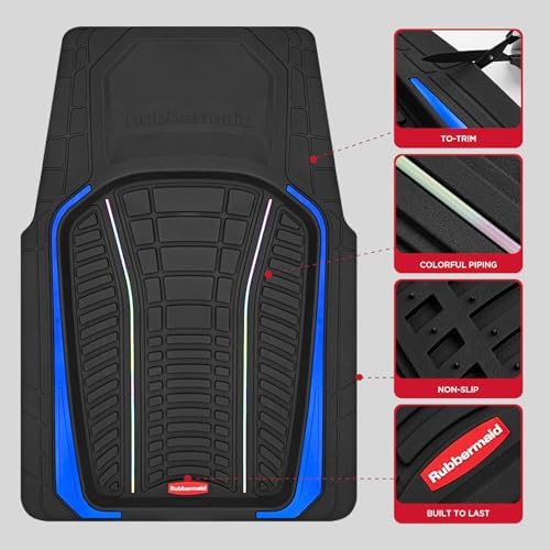 Rubbermaid Car Floor Mats Full Set – Premium All-Weather Car Mat with Brushed Aluminum Inserts, Universal Trim-to-Fit Design, Anti-Slip Backing for Cars, SUVs, Trucks, and Vans