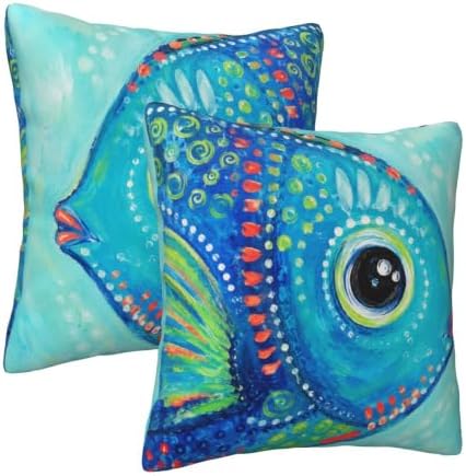 Blue Fish Painting Throw Pillow Covers 18x18 inch Set of 2 - Image 2