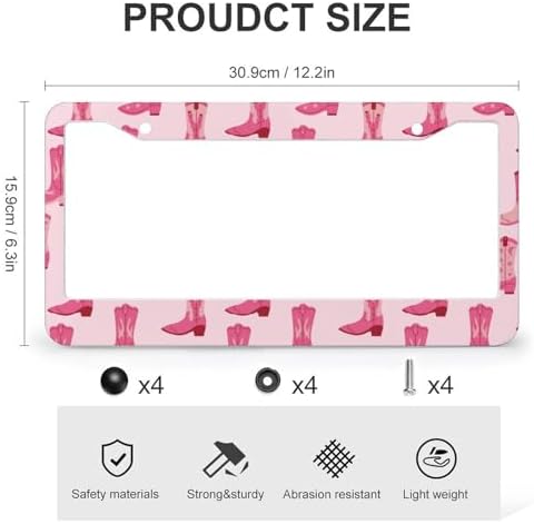 2Pack 2 Holes Pink Retro Cow Boots License Plate Frame Aluminum Car Decorative Parts Cars Decor Vintage Western License Plate Cover Frames for Standard US Vehicle 12.2x6.3 in