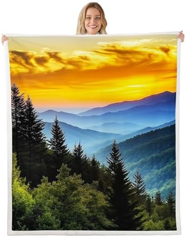 Nature Landscape Sherpa Blanket Mountain Jungle Sunrise Throw Blanket Bedroom Living Room Soft Cozy Jungle Trees Farmhouse Blankets Decor for Bed Couch Sofa Green Blue Gold Flannel Blankets 40"x50" by CastleFairy