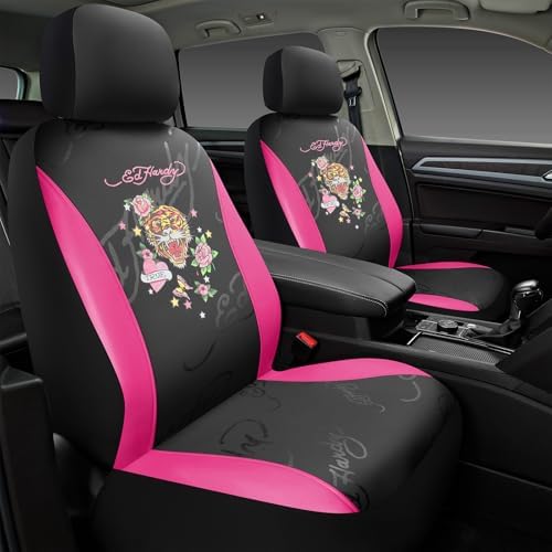 ED HARDY Tiger Print Car Seat Covers, Hot Pink Premium Leather Front Seat Covers, Universal Fit Automotive Covers for Most Cars, Trucks & SUVs, Airbag Compatible, Waterproof, Scratch Resistant