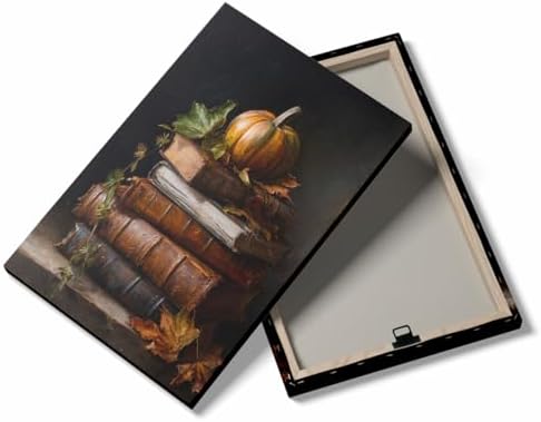 Vintage Pumpkin Still Life Wall Art – Antique Books with Fall Leaves Canvas Print,Dark Academia Autumn Aesthetic Poster for Reading Nook Decor 24x36in Large Frame wall art - Image 2