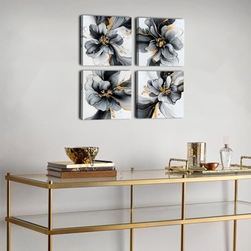 Black and White Gold Flower Wall Art Abstract Wall Decor Marble Texture Picture Canvas Prints Watercolor Minimalist Foil Fluid Framed Poster Modern Artwork for Bedroom Office Home Decoration 12x12 4P - Image 5