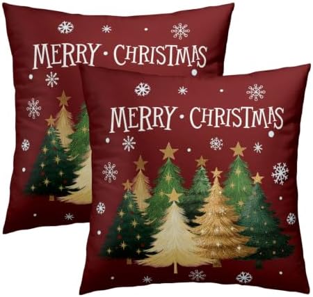 Xmas Tree Red Pillow Covers 18x18 Inch Set of 2, Winter Snowflake Throw Pillow Covers Square Cotton Cushion Cover for Home Couch Sofa Patio Bedroom Livingroom by Sweetshow