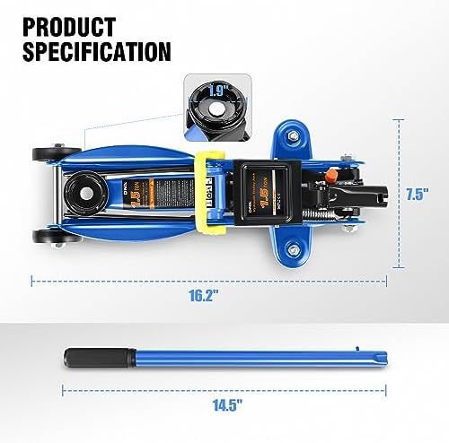 DNA Motoring 1.5 Ton Car Floor Jack Low Profile Hydraulic Trolley Service/Floor Jack, 1.5T / 3000 lbs Capacity, Lifting Range 5.3 Inch -12 Inch, with Storage Case, Blue, TOOLS-00327 - Image 5