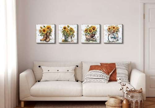 Rustic Sunflower Wall Art Farmhouse Bicycle Boots Truck Sunflower Picture Cowboy Wall Decor Vintage Country Wildflower Canvas Painting Modern Artwork Bedroom Living Room Kitchen Decoration 12x12" 4Pcs - Image 4