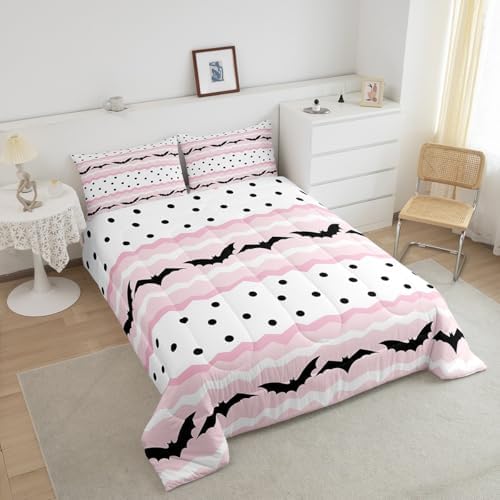 Cute Bat Comforter Set Full Size Happy Halloween Animals Bedding Set 3Pcs for Kids Girls Boys Room Decor Pink Geometric Stripes Quilted Duvet Cute Black Gothic Dots Duvet Insert,2 Pillowcases - Image 4