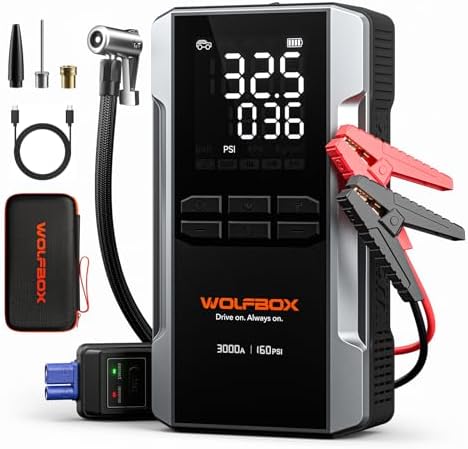 WOLFBOX MV16A 3000A Jump Starter with Air Compressor, 59.2Wh&160PSI Portable Car Battery Jump Starter with 65W Fast Charging, 12V Battery Pack (8L Gas 6L Diesel) with Boost, Light and Jumper Cables by WOLFBOX