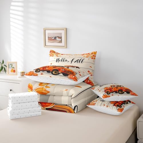 Erosebridal Fall Autumn Full Comforter Set 7 Piece,Pumpkin Truck Bed in A Bag with Sheet Set Thanksgiving Harvest Bedding Set for Kids Adults Rustic Farmhouse Barn Door Maple Leaf Bed Set - Image 6