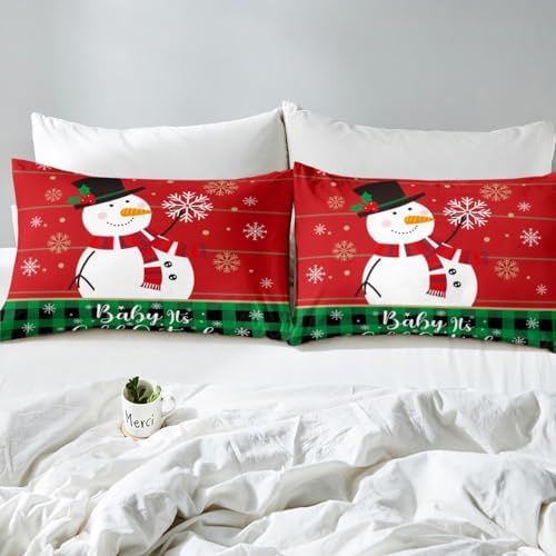 Cartoon Snowman Kids Duvet Cover Set Queen Size,Merry Christmas Snowflake Xmas Bedding Set,Girls Boys Adults Room Decor,Geometric Grids Patchwork Comforter Cover,Red Green Quilt Cover,2 Pillowcases - Image 5