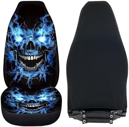 Blue Flame Skull Car Front Seat Covers Soft Car Seat Cover Easy Installation Breathable Front Seat Cover Protection Interior Accessories Universal for Auto Truck Van SUV 2 Pcs