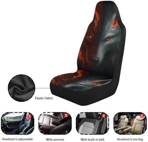 Black-red Wolf Print Car Seat Covers Set of 2 Elastic Fabric Front Bucket Seat Covers Halloween Stretch Seats Protector Universal Fit Car Interior Decor