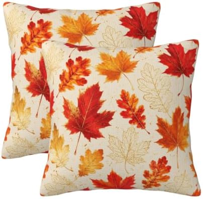 Fall Leaf Throw Pillow Covers 20x20 Set of 2, Thanksgiving Cushion Covers by KiuLoam