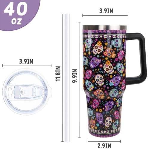 Halloween Day of the Dead Tumbler with Handle 40oz Sugar skull Coffee Travel Mug Stainless Steel Insulated Cups Halloween Dia De Los Muertos Altar Decor Gifts - Image 3