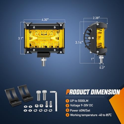 Nilight Side Shooter LED Lights 2PCS 4.3 Inch Yellow Beam with Wiring Kit
