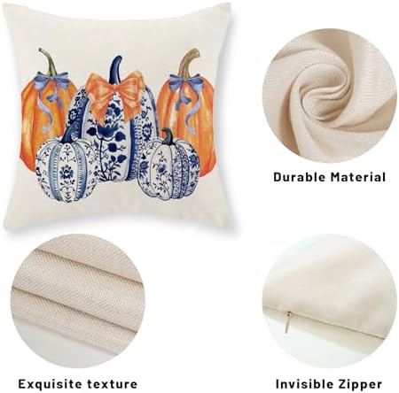 Fall Chinoiserie Pillow Covers 18x18 Set of 2 Blue and Orange Pumpkin Throw Pillows Grandmillennial Autumn Thanksgiving Decoration Pillow Cases Outdoor Fall Decor Cushion Case for Sofa Home - Image 7
