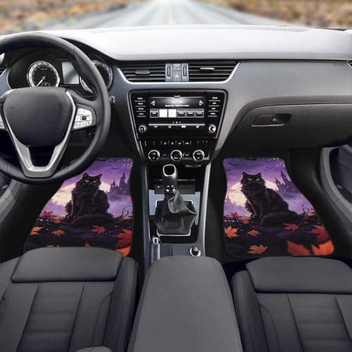 Halloween Car Floor Mat Set,Universal Fit Protection Heavy Duty Castle Moon Heel Pad Car Mats Black Cat Car Floor Front and Rear 2 Rows Set 4 Piece