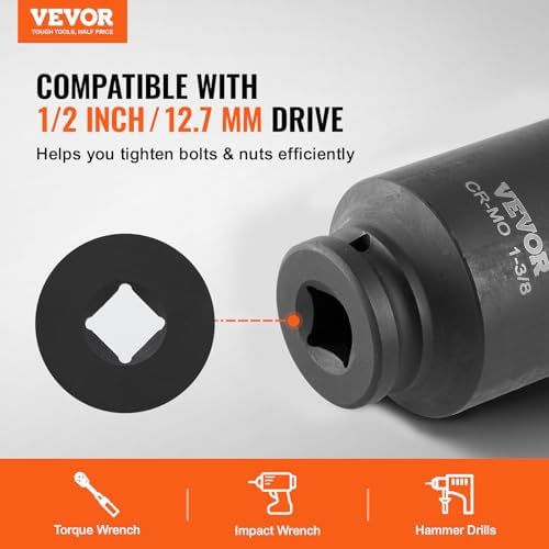 VEVOR Axle Nut Impact Socket Set - 1/2" Drive Deep 6-Point 8-Piece SAE Spindle Nut Socket CR-MO Heat Treated Large Socket Set with Storage Case for Auto Repair, Removing or Installing Axle Nuts - Image 2