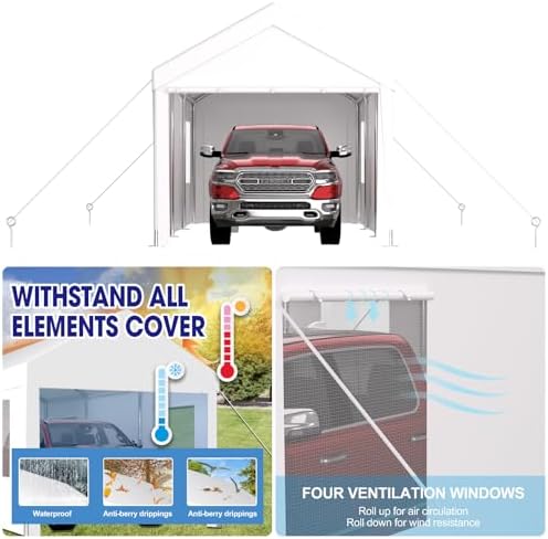 10x20FT Canopy, Outdoor Portable Garage with 2 Roll-Up Doors & 4 Ventilated Windows, Patio Camping Heavy Duty Car Port Canopy with PE Cover, Ground Pegs & Steel Cables, Easy Assembly, White - Image 4