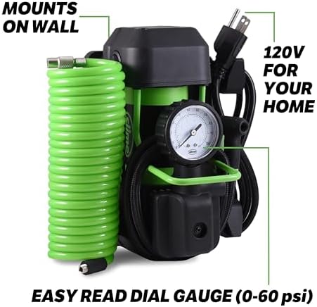 Slime 40045 Home Tire Inflator, Wall Mounted 120V, SUV, 4x4 Air Compressor, Heavy Duty, 2X Pro Power, with Analog 100 psi Dial Gauge, Long Hose and LED Light, 4 min Inflation - Image 3