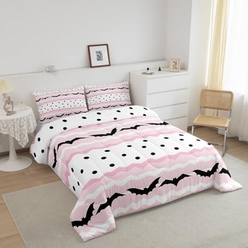 Cute Bat Comforter Set Full Size Happy Halloween Animals Bedding Set 3Pcs for Kids Girls Boys Room Decor Pink Geometric Stripes Quilted Duvet Cute Black Gothic Dots Duvet Insert,2 Pillowcases - Image 6