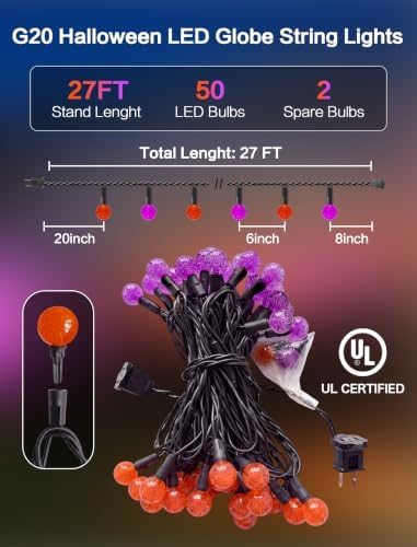 Orange Purple Halloween String Light, 26FT 50LED Globe Lights Plug in - Image 6