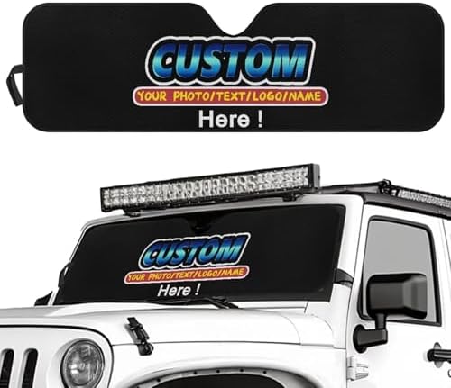 Renewold Custom Personalized Windshield Sun Shade, Add Your Own Photo Foldable Car Front Window Sunshade, Suitable for Jeep Wrangler Gladiator, Customized Sun Visor Block UV Rays Keeps Vehicle Cool