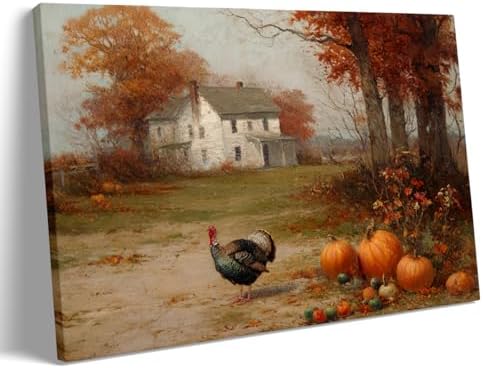 Autumn Farmhouse Wall Art with Turkey and Pumpkins – Vintage Thanksgiving Landscape Poster,Rustic Fall Harvest Canvas Print for Dining Room Decor 20x30in Large Frame wall art by Unknown