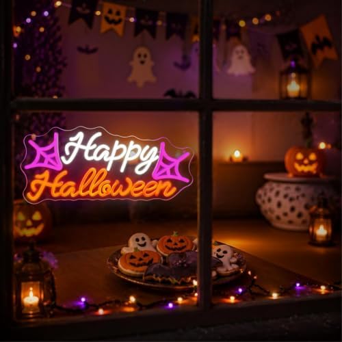 Happy Halloween Neon Sign, Spider Web Halloween LED Light, 16.9"x7.9" - Image 6