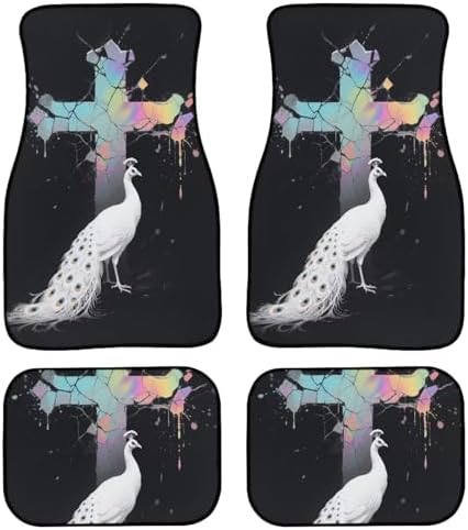Peacock Car Accessories Floor Mats 4PCS, Stain Glass Cross Rubber Front and Rear Mats Non-Slip Floor Mats, White Peacock All Season Heel Pad Fit for SUV Van
