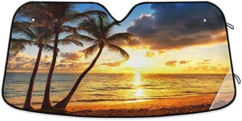 Palm Tree Car Windshield Sun Shade Tropical Sunset Beach Ocean Foldable UV Ray Sun Visor Protector Sunshade to Keep Your Vehicle Cool (55" x 27.6")